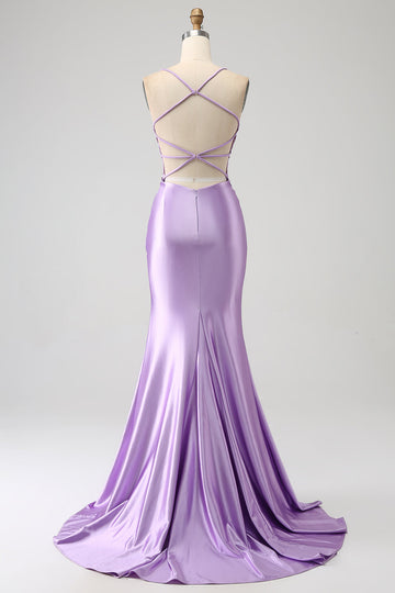 Elegante sirena Spaghetti Straps Lilla Abito da ballo lungo con fessura appliques